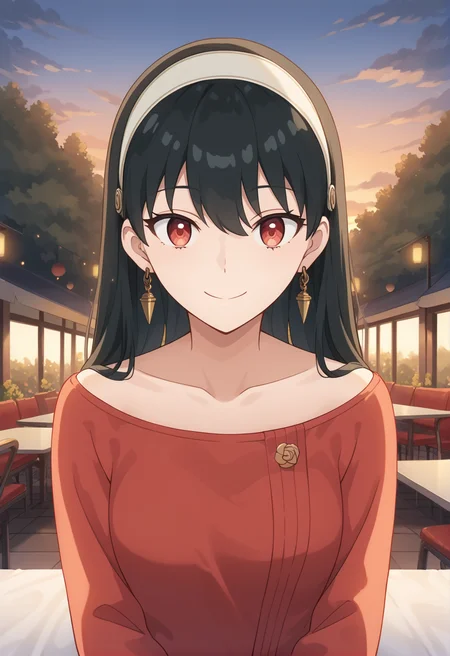 score_9, score_8_up, score_7_up, source_anime, masterpiece, best quality, highly detailed background, cinematic lighting, detailed eyes, detailed pupils, perfect face, Yor Forger, unique outfit, looking at viewer, portrait, cute, smile, park, lanterns, festival, clouds, sunset, dark, warm light,
<lora:Yor_Forger_Pony:0.8>