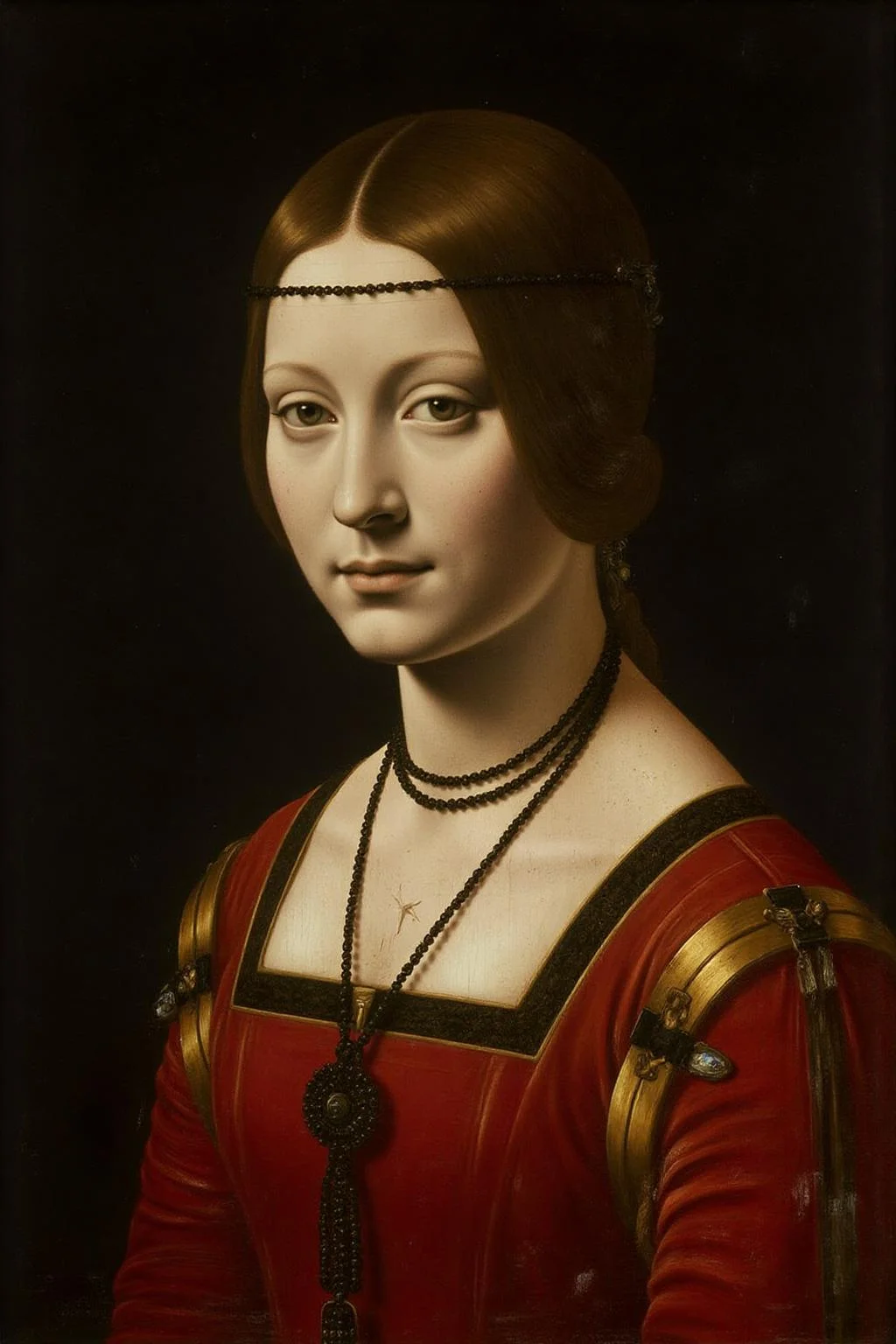 davinci1 painting.
A woman wears a red dress with gold and black detailing, a dark beaded necklace, and has a neat low bun. She has a serene, contemplative expression and is centered in the composition. <lora:davinci1_cap_d6a3e12:1.0><lora:852100454643975850:0>
