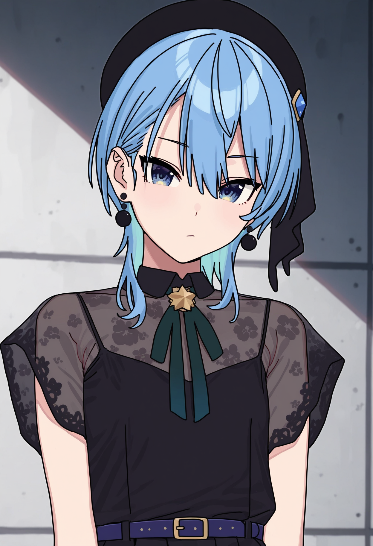 masterpiece,best quality,amazing quality,
1girl, solo, hoshimachi suisei, virtual youtuber, blue eyes, blue hair, hat, looking at viewer, upper body, earrings, jewelry, black headwear, neck ribbon, beret, ribbon, bangs, hair between eyes, closed mouth, see-through, medium hair, short sleeves, short hair,
<lora:Imamura_Ryou:1>