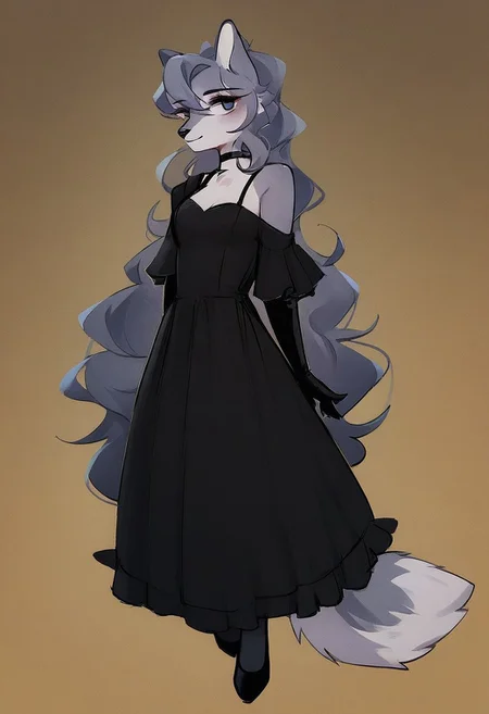 Expressiveh, digital_media_(artwork) hi_res, score_9, score_8_up, score_7_up, score_6_up, score_5_up, score_4_up, rating_safe, beautiful, intricate, high quality details, highly detailed, amazing quality, Woof, Dress, black dress, off shoulder, formal, thighhighs, gloves