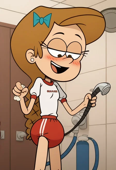 score_9, score_8_up, score_7_up, 1girl, girljordan, brown hair, braid, hair bow, sgu,gym uniform, blue buruma, flat chest, narrow waist, hose, good hands, blushed, blushing Red, looking down, bedroom eyes, smile, open mouth, highres, high quality, masterpiece , detailed background, white walls, shower room, hose in butt under buruma, ABDL, Padded buruma, Buruma (Clothing Inflation), thick diaper under buruma, buruma inflation, diaper under buruma inflation, Clothing Inflation Fetish, deviantart
