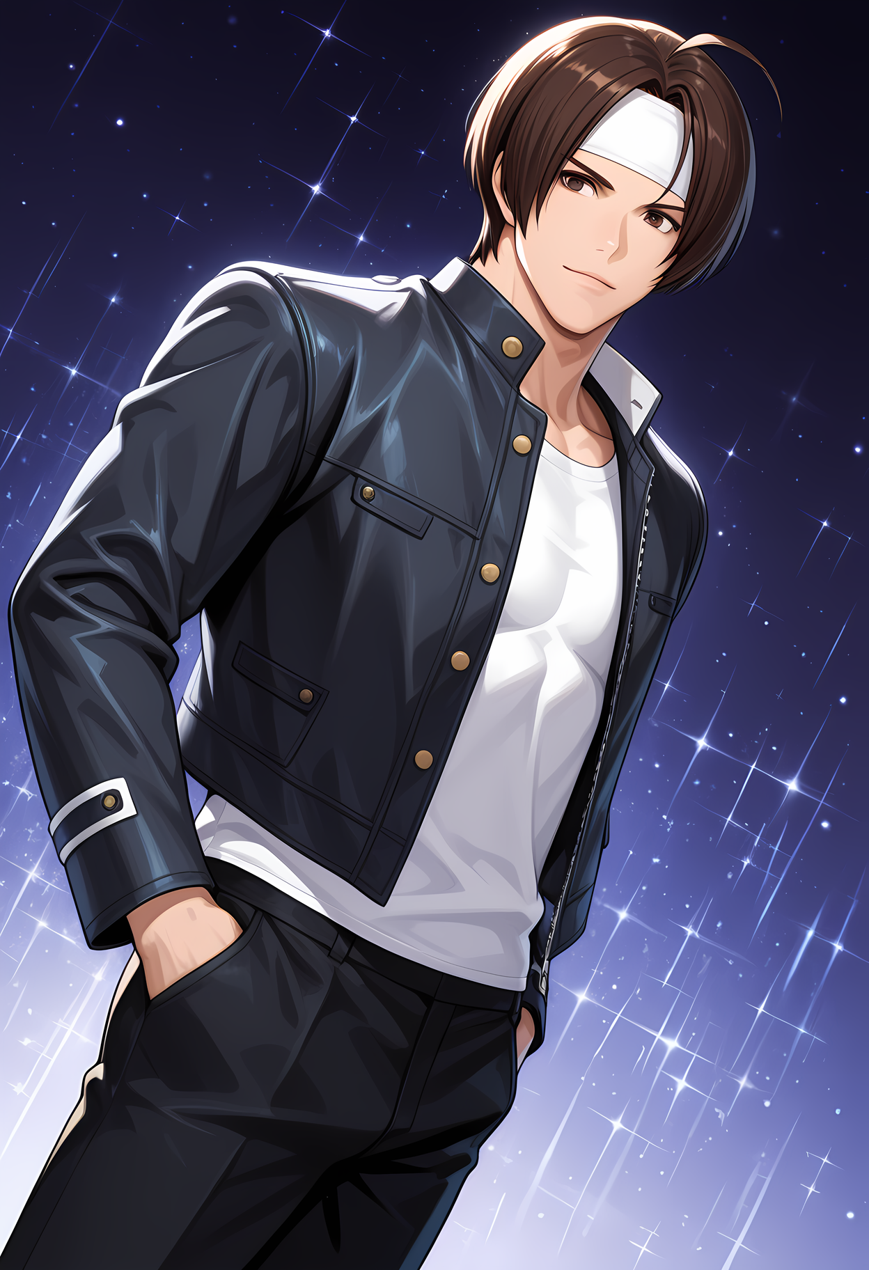 masterpiece, best quality, amazing quality, dutch angle, abstract background, BREAK
1boy, solo, male focus, kof_kyo, brown hair, curtained hair, white headband, brown eyes, black jacket, white shirt, black pants, BREAK
<lora:cfg_scale_boost:.6>  <lora:Kyo_Kusanagi_-_The_King_of_Fighters_-_ILXL:1>