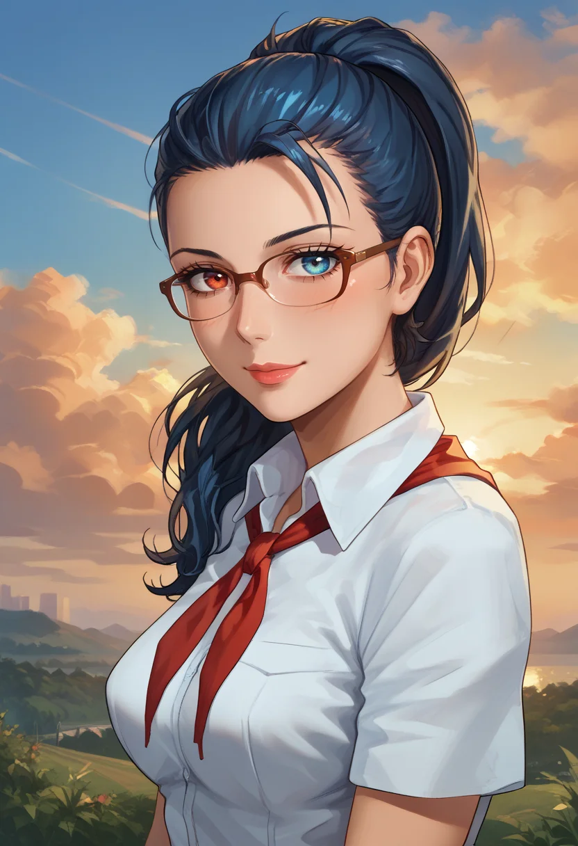 score_9, score_8_up, score_7_up,
best quality, masterpiece, ultra detailed,
<lora:Expressive_H:1>, 28 years old, mature, light smile, blush,
nose, lips, glasses
looking at viewer, portrait, from side,
<lora:Everlasting_Summer_Viola:0.7>, viola, ponytail hair, heterochromia eyes, left eye red, blue eye blue, blue eyes, heterochromia, ponytail, red eyes, black hair, blue hair, medium breasts, milf woman solo,
white collared shirt, short sleeves, red neckerchief, neckerchief,
outdoors, sunset, clouds, sky,
amazing background,
<lora:Everlasting_Summer_Vanilla_Art_Style_by_GraffMetal:1>,