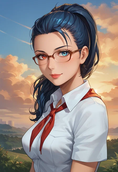 score_9, score_8_up, score_7_up,
best quality, masterpiece, ultra detailed,
<lora:Expressive_H:1>, 28 years old, mature, light smile, blush,
nose, lips, glasses
looking at viewer, portrait, from side,
<lora:Everlasting_Summer_Viola:0.7>, viola, ponytail hair, heterochromia eyes, left eye red, blue eye blue, blue eyes, heterochromia, ponytail, red eyes, black hair, blue hair, medium breasts, milf woman solo,
white collared shirt, short sleeves, red neckerchief, neckerchief,
outdoors, sunset, clouds, sky,
amazing background,
<lora:Everlasting_Summer_Vanilla_Art_Style_by_GraffMetal:1>,
