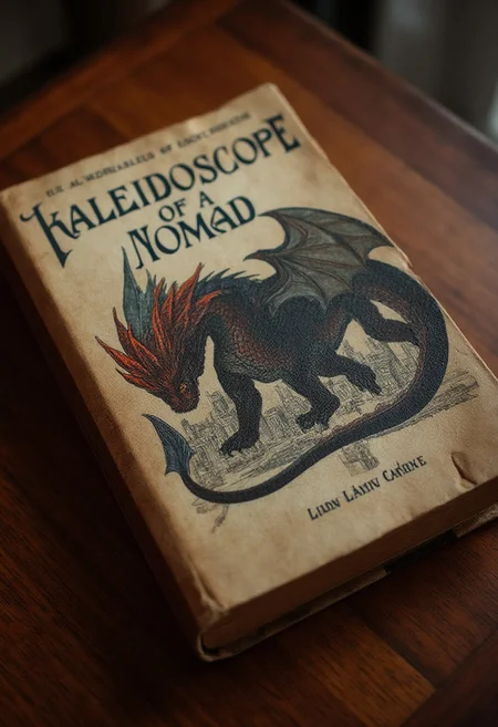 An old and very expensive book lies in close-up on the lacquered tabletop. The book's cover depicts in detail a huge Western European dragon with four legs, wings and red-black scales. He wraps his body around a huge ancient and ruined city. The book is called "Kaleidoscope of a Nomad".
(Text on book "Kaleidoscope of a Nomad":1.95)