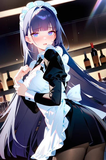 masterpiece, best quality, very aesthetic, ray tracing, newest,(hitenkei, askzy:0.5), 1girl, raiden mei, solo, maid, maid headdress, maid apron, embarrassed, pantyhose, open mouth, blush, parted lips, looking at viewer, cowboy shot, bar \(place\), indoors, depth of field <lora:Char-Honkai-Raiden_Mei-XL-V1:0.9>