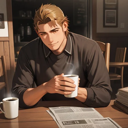 masterpiece, best quality, amazing quality, absurdres, newest, detailed background, definition so sharp, Ultra-HD, 8K cinematic, very awa, impressionate, amazing quality, highres,
solo, male focus, manly, shadow, shiny skin,
ekusoushizumu, ekusou_brunette, ekusou_orange eyes, 1boy, short hair, sideburns, stubble, vintage_cafe, coffee_shop, warm_beverage, steaming_cup, book, newspapers, wooden_table, comfortable_chair, cozy_ambiance, soft_jazz, afternoon_light, relaxed_pose, gentle_smile