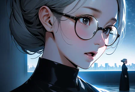 (graphic novel style, dark novel style:1.5),(anime), (masterpiece:1.4), (soft cinematic light:1.1), incredibly lifelike, Extremely high-resolution details, 8k, best quality,extremely detailed, contrast,
high tech design,
 gallery of contemporary art, inside, portrait old woman against the backdrop of a giant floor-to-ceiling window, through which one can see a city landscape with skyscrapers and a sunset , open mouth, one portrait ((elderly)) woman in a ((black long dress)) and black high-heeled shoes, elderly, old woman, [Nordic], Hourglass elongated body, Oval Face, Long neck, Rounded shoulders, long slim thin arms, Attached Pointed ears, round forehead, (gray Updo short combed back hair), snub nose, Arched eyebrows, Monolid black Eyes, High Round Narrow cheekbones, Hollow Cheeks, Rounded Chin, Rounded Jawline, thin Lips, (black eyes), (square glasses), (Wrinkles),