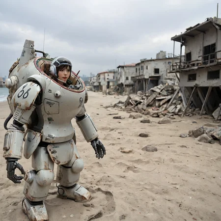 score_9,score_8_up,score_7_up, shiny oild skin, wet, sweat, looking at viewer,
MKrieger, science fiction, grey sand, regolith, craters, smoke on horizon,mecha, robot,action, kow_yokoyama, (SAFS), pilot_inside, fully_open_hatch, 1girl, exotic face, short hair, helmet, upper body, city ruin, rubble,
<lora:Maschinen_Krieger_Pony:0.75>