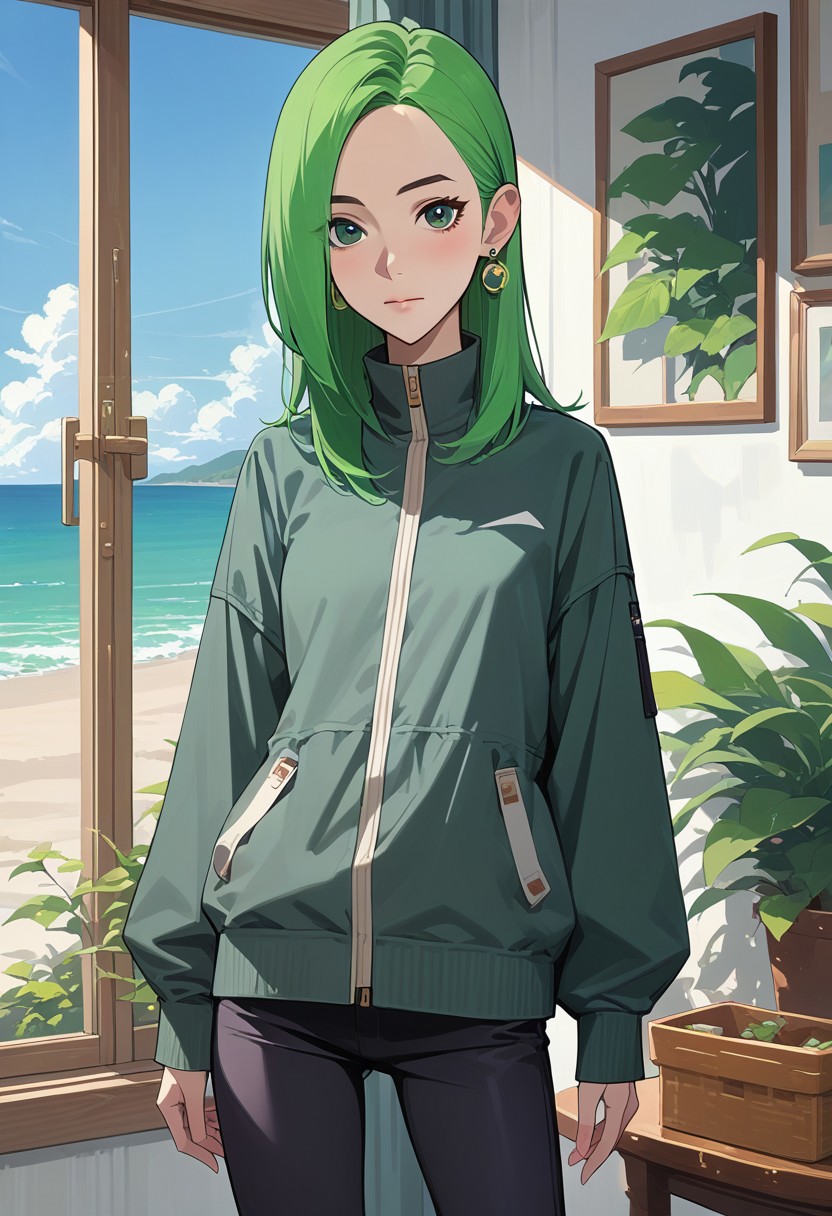 score_9, score_8_up, score_7_up, score_6_up, score_5_up, score_4_up, best quality, ultra detailed, source_anime, intricate details, perfect anatomy, tbmidoriko, green hair, medium hair, hair over one eye, hair behind ear, 1girl, green hair, solo, jacket, long hair, green jacket, hair over one eye, pants, looking at viewer, jewelry, indoors, black pants, earrings, closed mouth, long sleeves, green eyes, cowboy shot, shirt, standing, :d, breasts, ^ ^, add_detail:1, add_detail:0, add_detail:0.5, sky, blue sky, Beach,