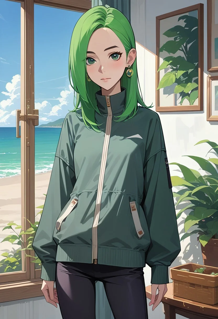 score_9, score_8_up, score_7_up, score_6_up, score_5_up, score_4_up, best quality, ultra detailed, source_anime, intricate details, perfect anatomy, tbmidoriko, green hair, medium hair, hair over one eye, hair behind ear, 1girl, green hair, solo, jacket, long hair, green jacket, hair over one eye, pants, looking at viewer, jewelry, indoors, black pants, earrings, closed mouth, long sleeves, green eyes, cowboy shot, shirt, standing, :d, breasts, ^ ^, add_detail:1, add_detail:0, add_detail:0.5, sky, blue sky, Beach,