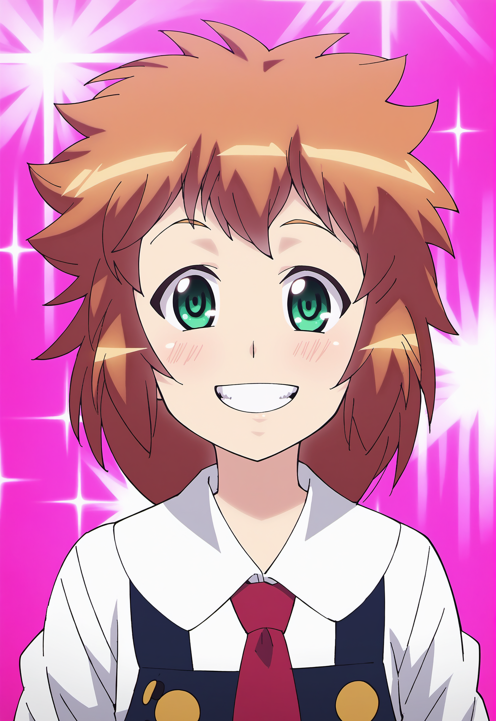 score_9, score_8_up, score_7_up, score_6_up,
BREAK
miyou mimane, 1girl, green eyes, orange hair, medium hair, messy hair, bangs, flat chest, grin, smile, teeth, clenched teeth, blush, looking at viewer, standing,
BREAK
school uniform, white collared shirt, red necktie, white sailor collar, blue suspender skirt, yellow buttons
BREAK
portrait, sparkle, sparkle background, pink background, lens flare, multicolored background,  <lora:Tsugomo2MimaneMiyou:1>