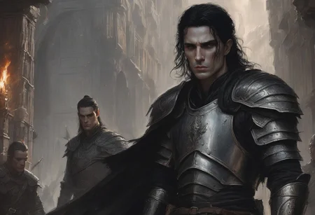 a warrior with a chiselled jaw and strong cheekbones, pale skin, very long lose black hair, in black leather and steel armour, slender sword firmly in hand, walks out of a looming portal, grim-faced, tired, signs of battle around, dynamic lighting, book cover