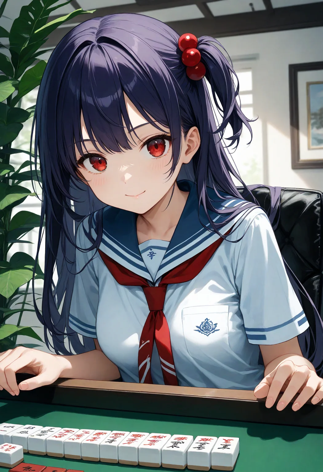 score_9, score_8_up, score_7_up , source_anime, masterpiece, best quality, perfect anatomy , very aesthetic , absurdres ,
1girl, school uniform, medium breasts, solo,<lora:mahjong_Pony_v1:0.9>
mahjong, mahjong tile, mahjong table, board game, playing games,holding mahjong tile,indoors, sitting, chair,
from side, portrait, looking at viewer,purple hair, red eyes,closed mouth, one side up hair, fingersmile