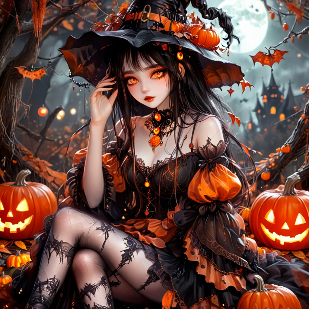 <lora:halloween_clothing_xl:0.8>,
This is a highly detailed, fantastical digital artwork in a gothic, Halloween-themed style. The subject is a young woman with an ethereal, otherworldly appearance. She has long, straight black hair cascading down her back and is adorned with a large, floppy witch hat adorned with autumn leaves and small, glowing orbs. Her skin is a pale, porcelain complexion, and her large, almond-shaped eyes are an intense, glowing orange, giving her a captivating, slightly spooky appearance.