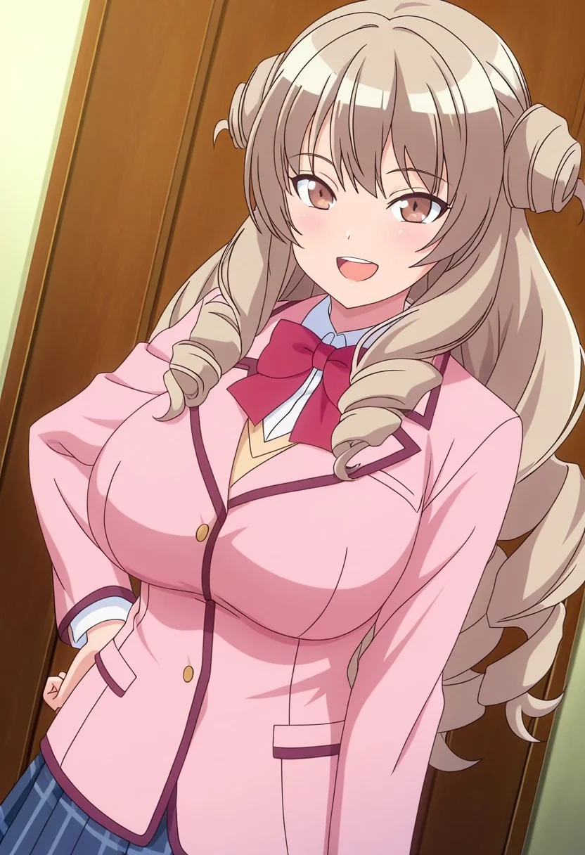 general,highres, ultra-detailed,very aesthetic,best quality ,best hands,best eyes,easynegative,
dynamic anglre, dutch angle, anime cloring,anime screencap,
1girl solo,looking at viewer,school,indoor,smile,open mouth,hand on hip,
Urara TONEGAWA,ochre hair, long_hair, brown eyes, huge_breasts,short twin drill hair, school uniform,