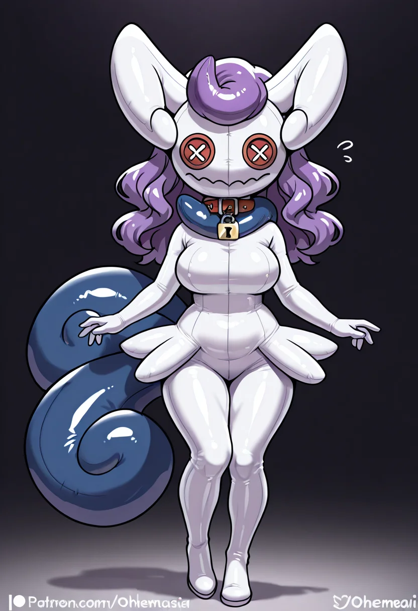 score_9,score_8_up,score_7_up,masterpiece,high quality,score_9,score_8_up,score_7_up,1girl,solo,shiny,<lora:LoraBYIL_living_inflatable:0.7>,<lora:living_plushies2-10:0.6>,<lora:ILL:0.4>,<lora:Olympia:0.7>,OlympiaUAI,purple hair,(short wavy hair:1.1),white latex skin,living inflatable,bylivinginflatable,animate inanimate,collar,[white bag over head::0.1],mask,button eyes,cosplay,covered face,padlock,animal collar,covered neck,full body,stitch mouth,<lora:Female_Meowstic:0.6>,zzFemastic,blue_fur,Female_Meowstic,mature female,