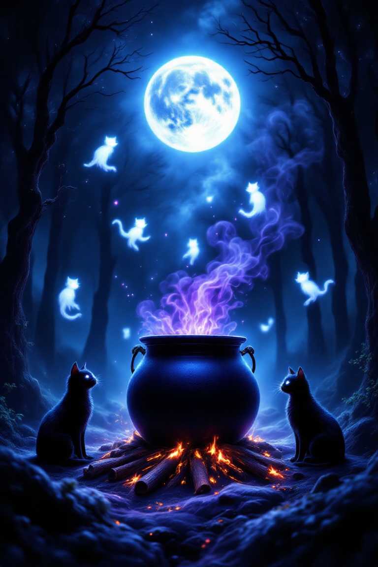 This image is a digital artwork featuring a mystical and enchanting scene. Here's an analysis of its key elements:

1. **Setting**: The scene takes place in a dark, dense forest at night. The backdrop consists of tall trees silhouetted against the moonlit sky.

2. **Moon**: A large full moon hangs prominently in the center of the sky, casting a soft glow over the entire scene.

3. **Floating Cats**: Surrounding the moon are four ethereal white cats with glowing eyes. They appear to be floating or leaping through the air, adding a magical element to the composition.

4. **Cauldron**: In the foreground, there is a large black cauldron placed over a small fire made from logs. Purple smoke rises from the cauldron, suggesting it contains some sort of potion or spell.

5. **Black Cats**: Two black cats sit on either side of the cauldron, facing inward as if observing or guarding the cauldron. Their eyes are illuminated by the light of the fire and the moon.

6. **Fire**: Small fires burn around the base of the cauldron, providing additional illumination and enhancing the mystical atmosphere.

7. **Color Palette**: The color palette includes deep blues, purples, blacks, and contrasting bright whites for the floating cats. These colors contribute to the overall mysterious and magical mood of the piece.

8. **Style**: The artwork has a detailed and illustrative style, reminiscent of fantasy illustrations often seen in children's books or fantasy art.

Overall, the image conveys a sense of magic and mystery, likely intended to evoke feelings of wonder and enchantment.,velvet_myst,aidmafluxpro1.1