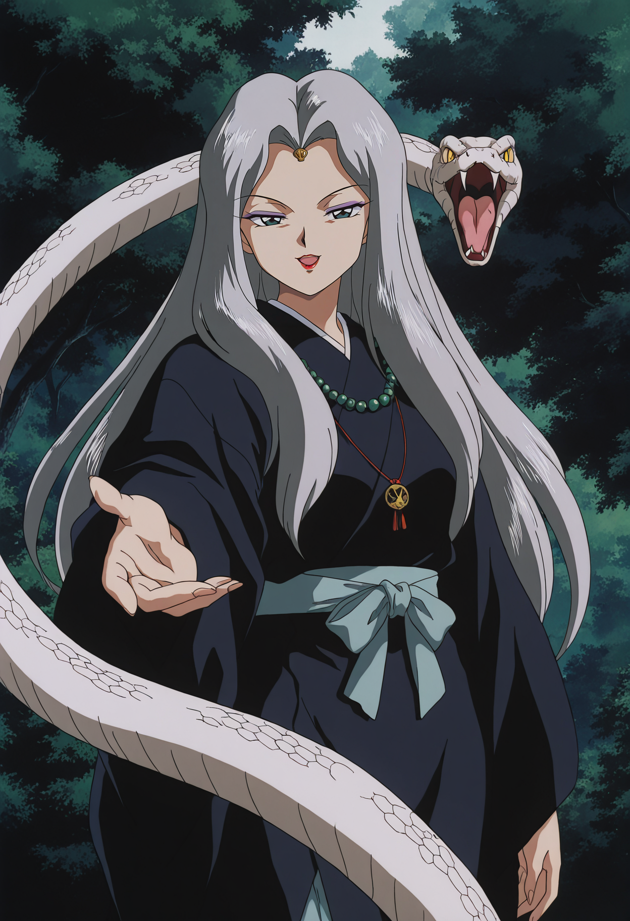 1girl,solo,mm,mature female,long hair, grey hair,makeup,lipstick,anime coloring,retro artstyle,
japanese clothes,necklace,beads,long sleeves,cowboy shot, snake,looking at viewer,seductive smile,open mouth,outstretched arm, outdoors,tree,nature, 
,masterpiece,best quality,amazing quality,<lora:Tsubaki-InuYasha:0.85>