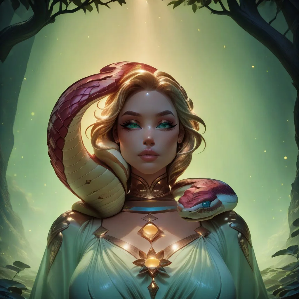 An angelic figure with radiant white feathered wings spreads them wide in a tranquil garden scene, evoking the imagery of the Garden of Eden. Draped in a flowing, luminous silk robe that shimmers in the soft golden light, the angel stands poised near a single ancient tree with lush green leaves and a single red apple hanging prominently from its branches. Draped elegantly across the angel's shoulders is a massive, glistening metal snake, its segmented scales reflecting the warm light like liquid silver. The snake's head rests just above the angel's hand, where the red apple gleams, as though offering it in a gesture both serene and foreboding. The background is ethereal, with soft sunlight filtering through the leaves and subtle heavenly glow infusing the scene with a dreamlike quality. The combination of divine and metallic elements creates a striking juxtaposition of purity and mechanical perfection. sn4k3, snake, snake on shoulders, upper body, darkn3ssill, comic, bokeh, luminescent background, masterpiece, best quality, newest, absurdres, highres