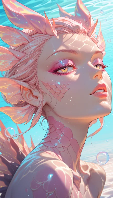 (masterpiece, gradient, recent, good_quality, high_quality, newest, very aesthetic, blurry_background, depth_of_field, vibrant colors, abstract_background, colorful, anime_coloring, vectortrace, flat_colors, realistic)
(mizutsune, 1girl, makeup, shiny_skin, seductive, eyelashes, eyeshadow, fisheye, foreshortening, close-up, eye_focus, lighting, shadows, caustics, bubbles, underwater, iridescent_body, pastel colors, godrays, day, two_tone_scales, particle effects, detailed background, fantasy, perspective)