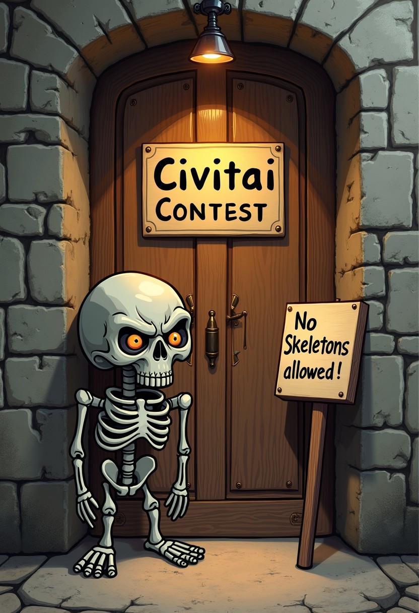 A closed wooden door with with a sign on it spelling out  " Civitai Contest". In front of the door there is a cartoonish looking skeleton that is visibly angry and scowling. A separate sign to the right of the door has writing on in spelling out "No Skeletons allowed!". Masterpiece