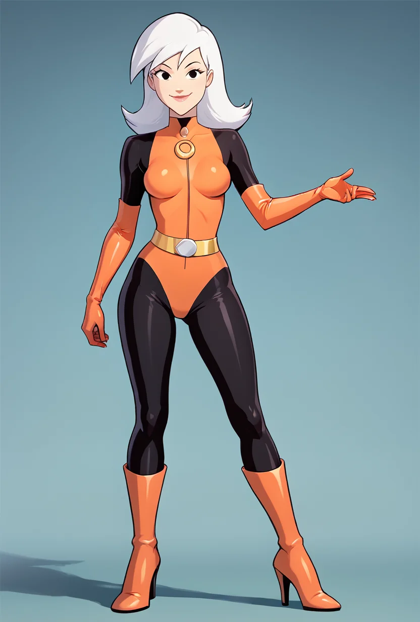 Drew, white hair, bodysuit, elbow gloves,orange gloves,  1girl, high heels,black kneehighs,closed mouth, smile, standing, black eyes, <lora:Drew-08:0.7>