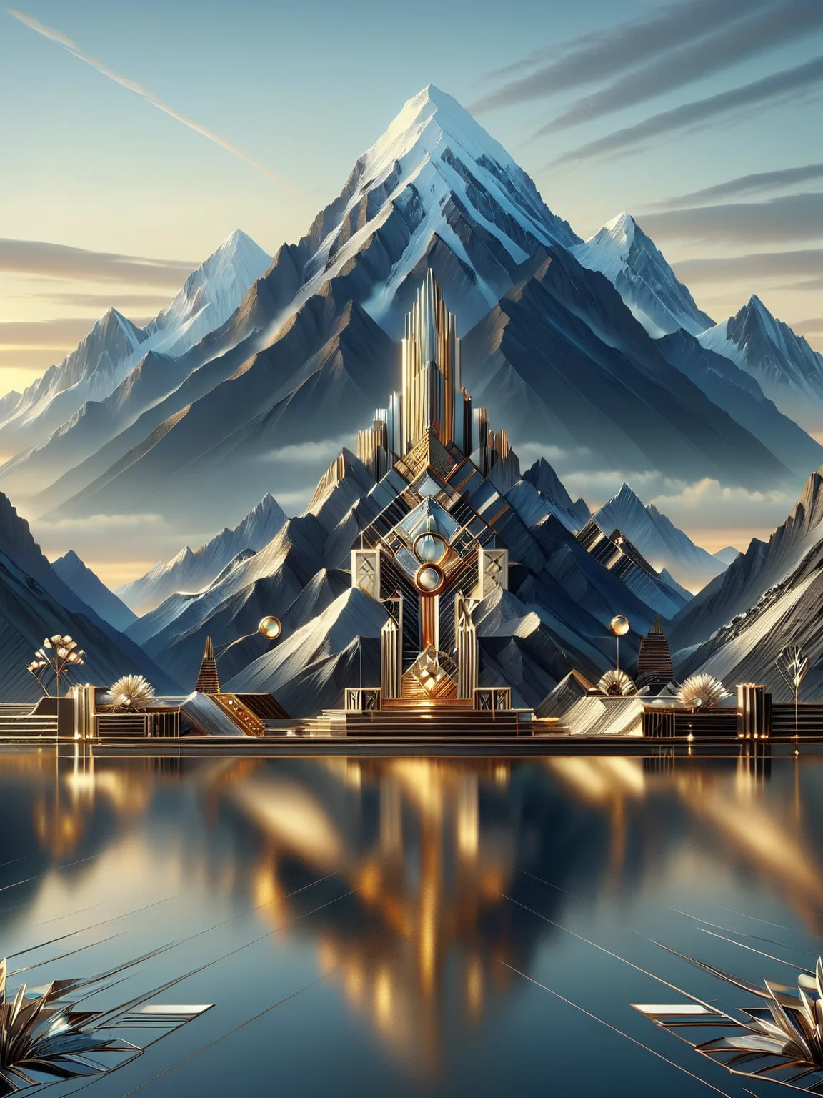 ais-artdeco, a serene mountain landscape at dawn <lora:Art_Deco_Style_SDXL:1>