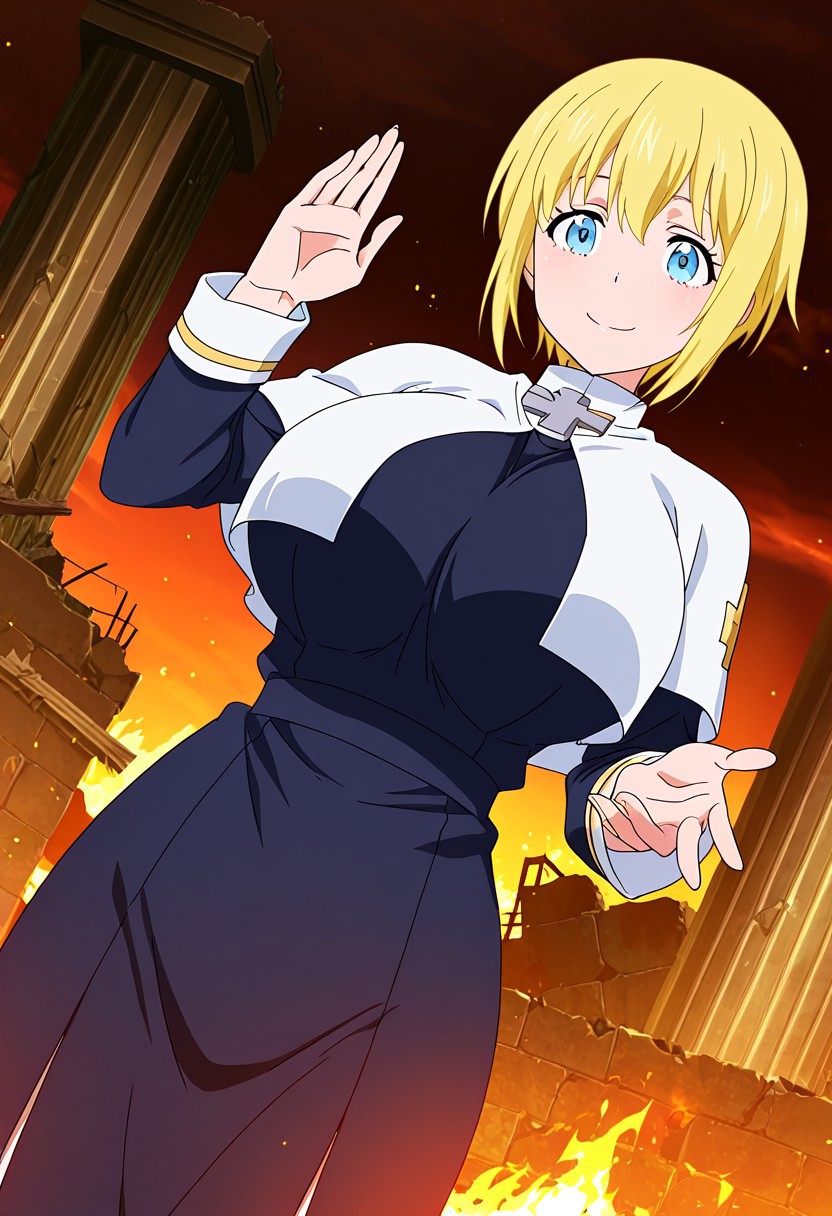 general,highres, ultra-detailed,very aesthetic,best quality ,best hands,best eyes,easynegative,
dynamic angle, dutch angle, anime cloring,anime screencap,
1girl solo,looking at viewer,ruins,fire,smile, pray,
 Iris,yellow_hair, short_hair, blue_eyes, huge_breasts,priest costume,