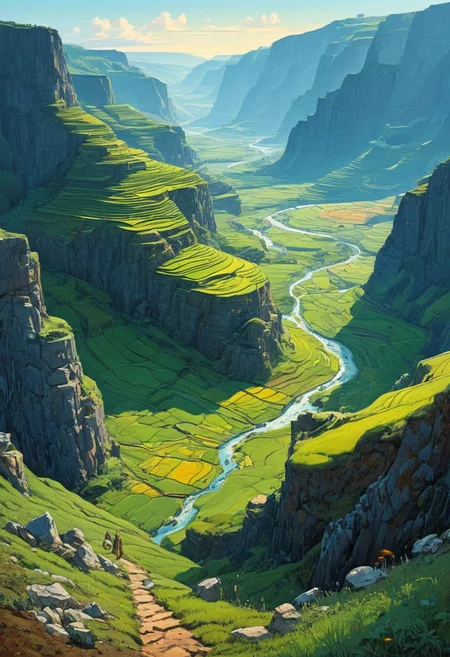 Surreal Landscape ,Creator Landscape,(style ofAlexander Ivanov (Biblical landscapes)),Rice paddies stepped into hillside,fossil impressions in shale,ice age cave paintings,, serene scene, anime, cyberpunk, Moebius art style,