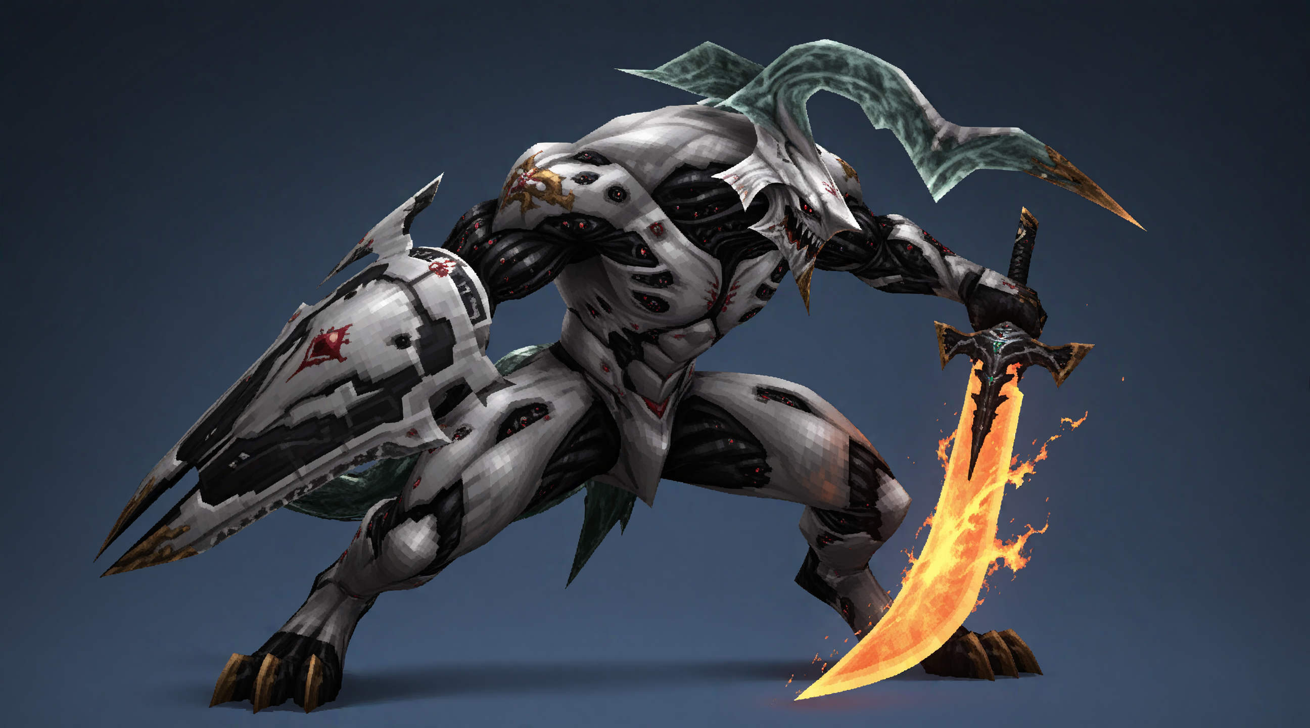 IllusP0s,<lora:ps1_character:1>,3d,low poly,
masterpiece,best quality,amazing quality,chibi,
1other,solo,<lora:Beta_Behemoth:1>,Final Fantasy XIII Beta Behemoth,multiple eyes,glowing eyes,digitigrade,claws,1boy,biomechanical beast,holding big sword,
(side view:1.2),serious,creepy,full body,holding shield,holding flaming sword,monster,ghostly,fighting stance,boss fight,
blue background,ps1ch4r4cter,final fantasy vi,