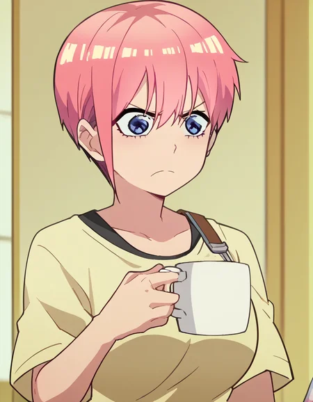 score_9, score_8_up, score_7_up, source_anime, <lora:ichika-nakano-s2-ponyxl-lora-nochekaiser:1>, ichika nakano, short hair, bangs, blue eyes, hair between eyes, pink hair, pixie cut, large breasts, anime screencap, <lora:shinji-holding-a-mug-ponyxl-lora-nochekaiser:1>, shinji holding a mug, holding, cup, frown, holding cup, mug, indoors, solo, ,