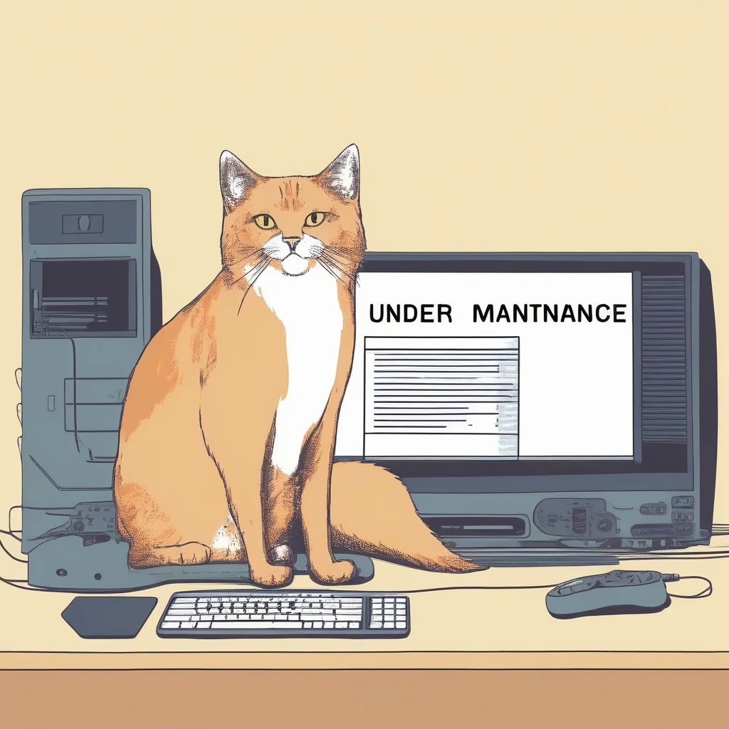 Indoor, computer, cat on screen, cat holding a sign with text: "under maintenance"