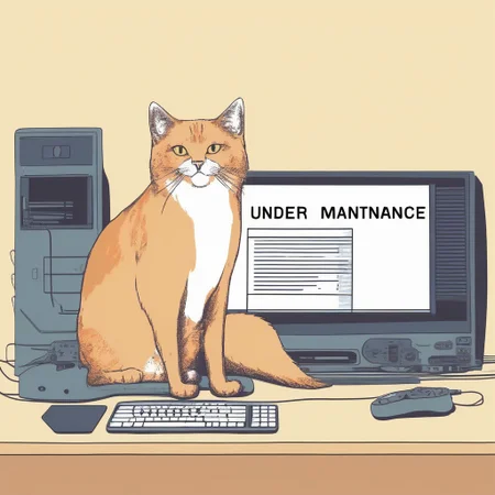Indoor, computer, cat on screen, cat holding a sign with text: "under maintenance"