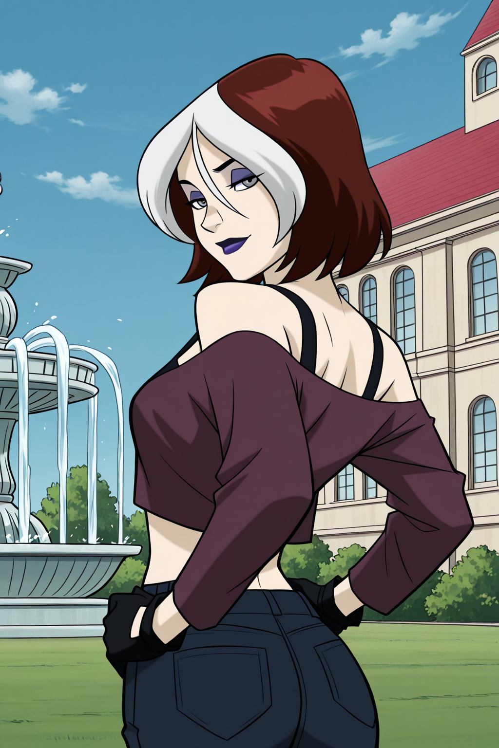 (((official style)), perfect anatomy, perfect eyes, close-up, cowboy shot, from behind) BREAK <lora:RogueEVOIL:1> anne marie, short hair, multicolored hair, two-tone hair, brown hair, white hair, grey eyes, makeup, lipstick, kind eyes, half-closed eyes, soft smile, ((looking back at viewer)), off shoulder, midriff, black gloves, jeans, hands on hip, teasing viewer, arched back, showing off breasts, mansion, fountain, outdoors