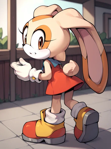 score_9, score_8_up, score_7_up, <lora:Cream_the_Rabbit_Pony:1> cre4mth3r4bb1t, Furry, furry female, animal ears, animal nose, rabbit ears, rabbit girl, dress, tail, white gloves, sleeveless, multicolored fur