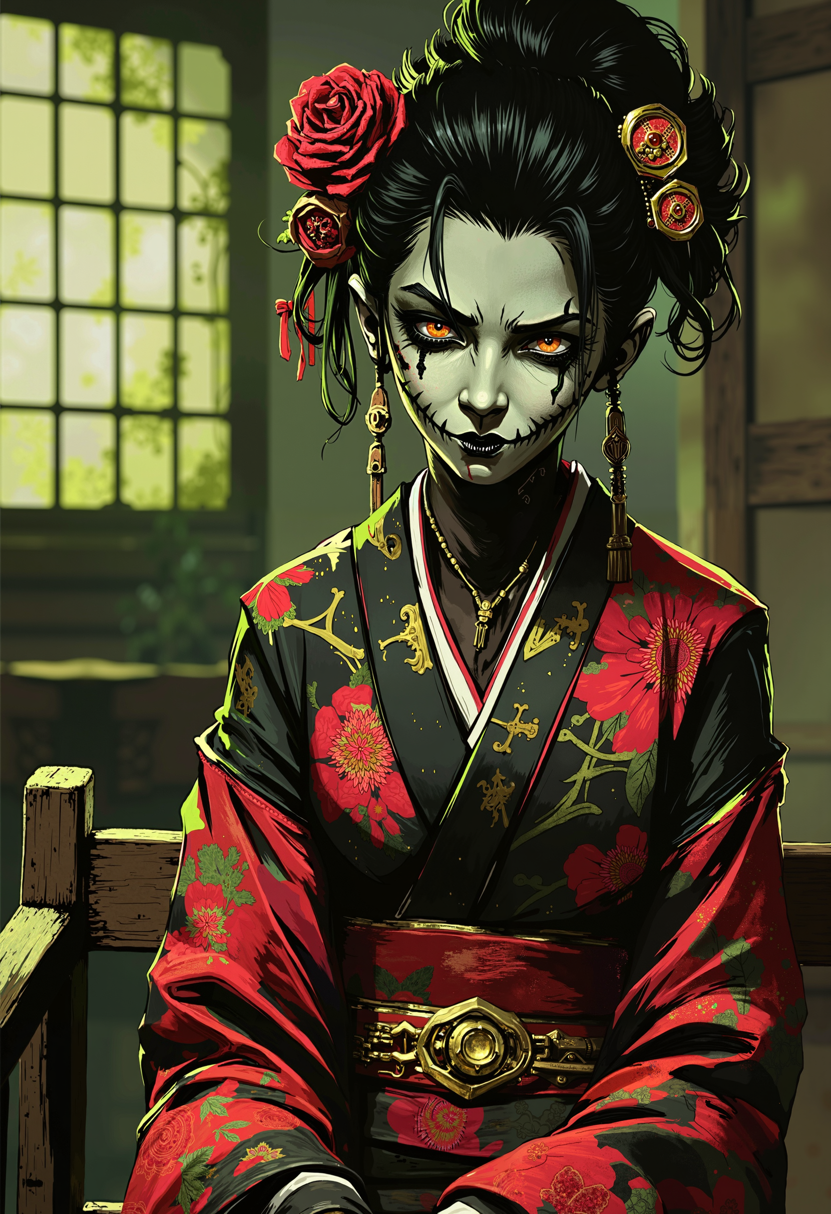 high quality, ultra detailed, colorful, fantasy, bo-neon, ArcaneFGTNR, A digital illustration shoot from a portrait camera angle about a portrait of a japanese woman with elaborate makeup and hair accessories, wearing a traditional kimono with intricate patterns and a red sash. the image also shows a close-up of the woman's face and upper body. on the middle of the image, a 20 years old woman with pale skin, black hair styled in an elaborate updo with hair ornaments, appears to be looking at the viewer with a serious expression. she is wearing a red and black kimona with floral patterns, and she is sitting on a wooden bench in the middle. her eyes are closed and her face is painted with white face paint, giving her a sinister smile. her hair is adorned with a hair ornament and hair combs, adding to her ornate appearance. the woman is surrounded by a blurred background of traditional Japanese setting with wooden shoji screens and greenery, giving a sense of depth and texture to the image. the lighting is soft and natural, casting gentle shadows on her face, highlighting her intricate details and the intricate patterns on her clothing., partially blended with abstract digital elements. The scene has a dark, moody ambiance. The background features layers of glitch art, fragmented texts, and metallic textures. contrasting against the monochromatic tones of black, grey, and hints of yellow. Smudged paint and scratches add a sense of decay and technology.<lora:boFLUX Abyss Neon.safetensors:0.6:0.6> <lora:ArcaneFGTNR.safetensors:1.0:1.0>