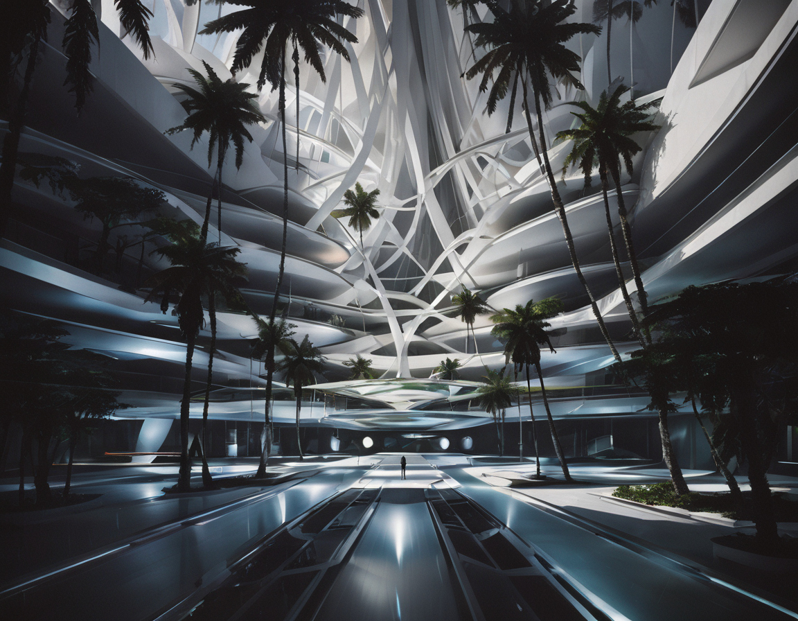 <lora:wkas:0.6>wkas, palm trees, plants, people, futuristic architecture
