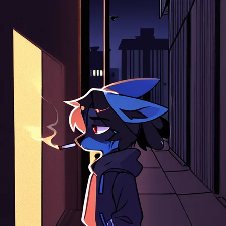 sinnerpen,
masterpiece,best quality,amazing quality, sfw,
BREAK
solo, lucario, male, no human,
BREAK
1boy,  displeasure expression, tired, hoodie, hood,
standing, smocking, 
from side, half body, night, dark ambient, cigarette light, alley, focus face