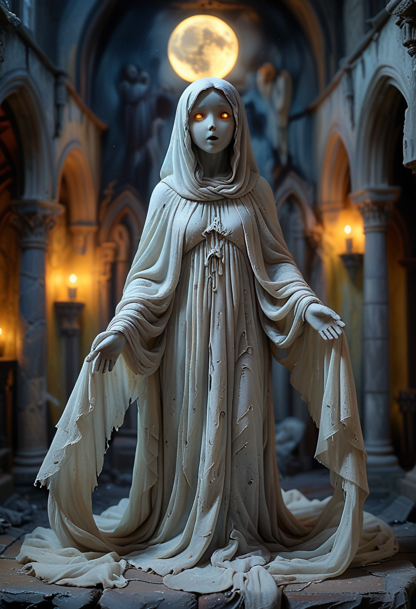(medium full shot) of (shimmering ghost) ethereal figure, transparent fading body, fading hands, glowing yellow eyes, pale skin, with hollow eyes, almost transparent with a spectral light, melancholic, with a flowing cape,  set in  a decaying church, with collapsing walls, eerie echoes, a ghostly vibe, during a full moon,  Masterpiece,best quality, very aesthetic