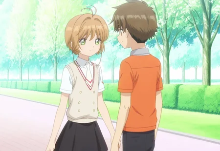 masterpiece, absurdres, highres, (anime screencap:2, anime coloring:2), official art, accurate art style, very aesthetic, flat colors, official screencap, style parody, proper proportions, CCS_Character-Pack, CCS_Clear Card, BREAK, 1girl, sakura kinomoto, brown hair, short hair, bangs, antenna hair, hair intakes, green eyes, (tokiwadai school uniform:2, white shirt, brown sweater vest, short sleeves, v-neck, skirt), warm smile. other with male, BREAK, 1boy, syaoran li, brown hair, short hair, bangs, thick eyebrows, yellowish brown eyes, (white polo shirt, orange t-shirt, black pants), warm smile, BREAK, hetero, couple, BREAK, detailed background, outdoors, park, trees, mid-afternoon, BREAK, cowboy shot, BREAK, vibrant colors, bloom, vignette, cinematic lighting, 75% soft lighting, 25% dark lighting