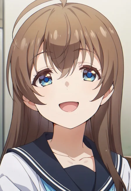 score_9, score_8_up, score_7_up, source_anime,fuuka sasaki, brown hair, blue eyes, long hair, 1girl, solo, ahoge, school uniform, open mouth, serafuku, sailor collar, smile, collarbone, hair between eyes, white shirt, shirt