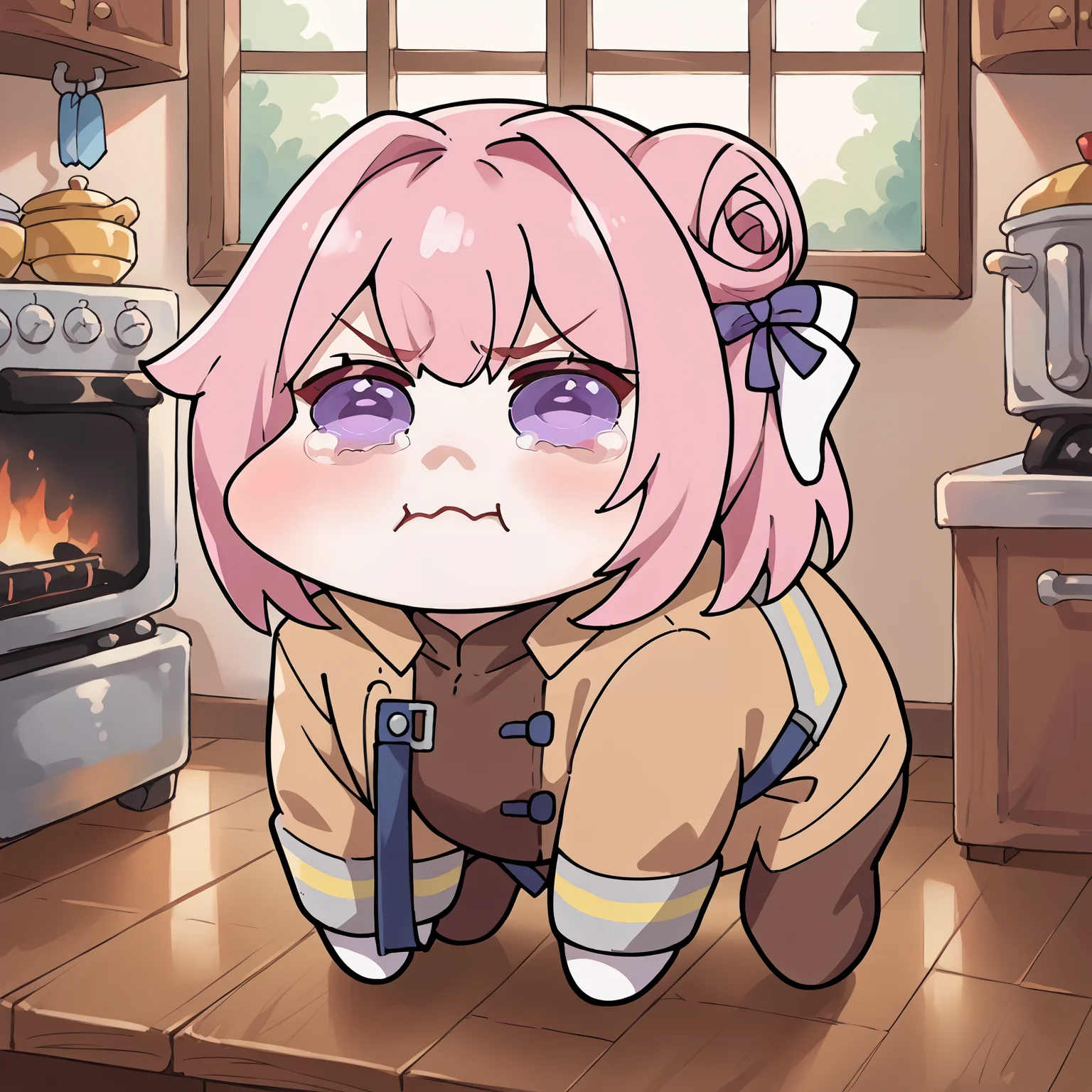 score_9, score_8_up,score_7_up, source_anime, <lora:Doro_X_PDXL_V1:1> solo, doro, creature, ;3, chibi, pink hair, purple eyes, hair bun, hair bow, white skin, tearing up, no humans, white skin, four legs <lora:concept_aquacrying_ponyXL:1>,  EPFireFighter, <lora:EPFireFighterPony:0.9>, wearing EPFireFighter, jacket, brown jacket, kitchen, table, stove,