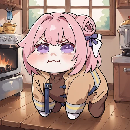 score_9, score_8_up,score_7_up, source_anime, <lora:Doro_X_PDXL_V1:1> solo, doro, creature, ;3, chibi, pink hair, purple eyes, hair bun, hair bow, white skin, tearing up, no humans, white skin, four legs <lora:concept_aquacrying_ponyXL:1>,  EPFireFighter, <lora:EPFireFighterPony:0.9>, wearing EPFireFighter, jacket, brown jacket, kitchen, table, stove,