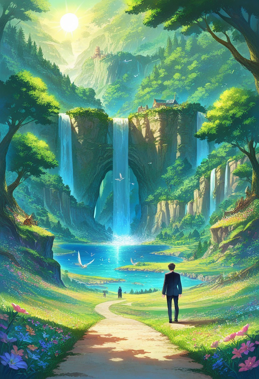 prefect lighting,very aesthetic,prefect hands,best quality,
intricate details,((highly detailed background)),(masterpiece:0.9),high quality, masterpiece,best quality,ultra-detailed,  st_landscape, scenery, road, fantasy, flowers, meadows, birds, sun, forest, trees, beautiful, day, sea, waterfall, colored, light, cliffs