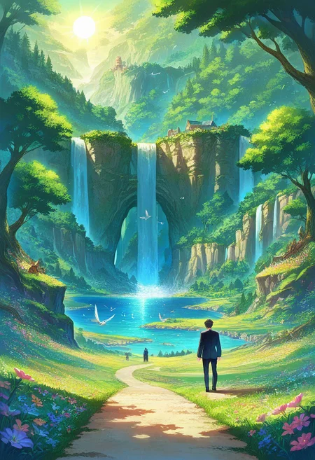 prefect lighting,very aesthetic,prefect hands,best quality,
intricate details,((highly detailed background)),(masterpiece:0.9),high quality, masterpiece,best quality,ultra-detailed, st_landscape, scenery, road, fantasy, flowers, meadows, birds, sun, forest, trees, beautiful, day, sea, waterfall, colored, light, cliffs