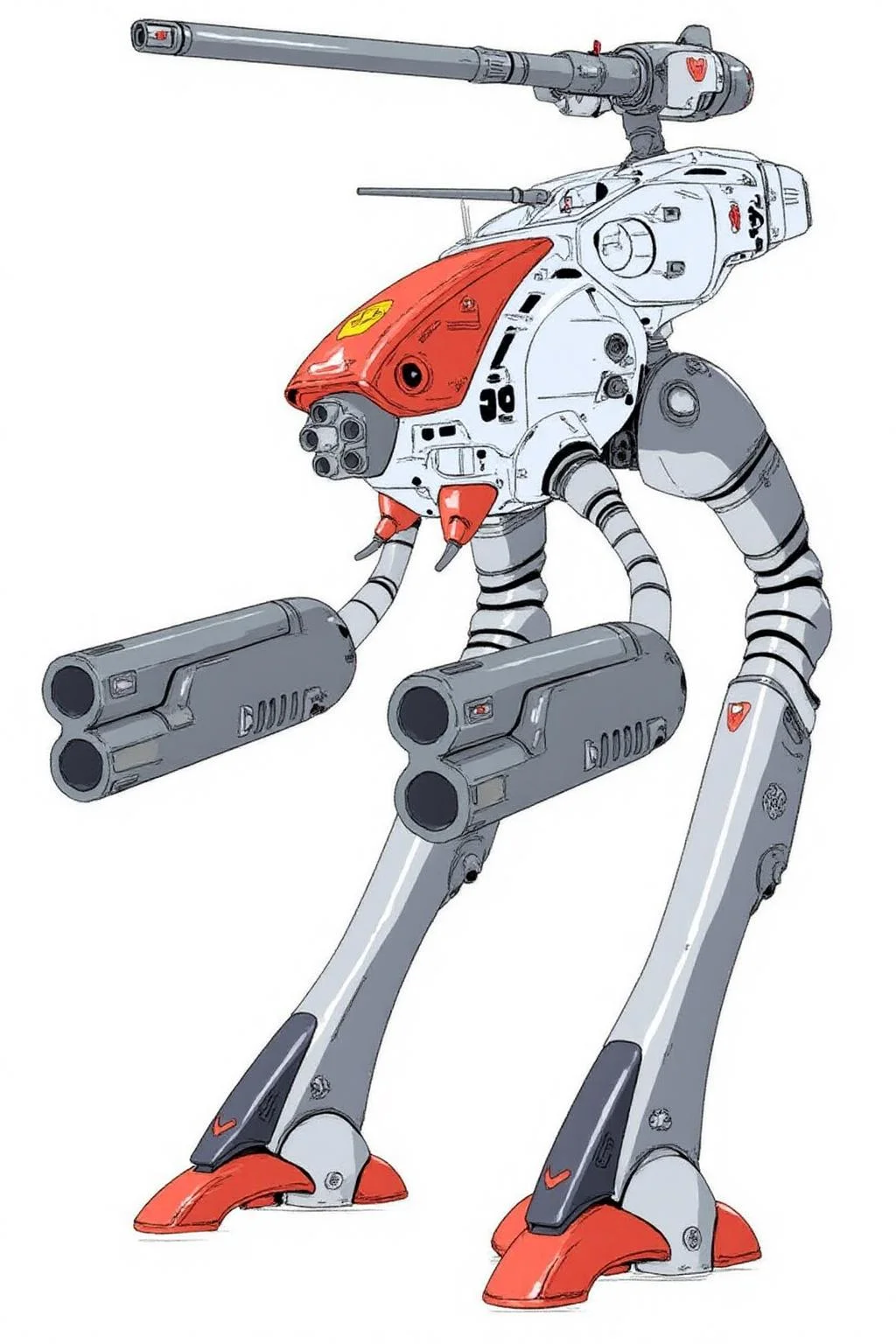 m9cha illustration.  
This image is a digital drawing of a futuristic biped combat robot in a detailed, anime-inspired style.Its body is primarily white with a striking red and orange color scheme on the head, shoulders, and legs. The head features a sleek, angular design with a visor-like structure and a small, circular radar or sensor on the forehead. There is a cannon mounted over its head. The robot has two arms that acts as guns. <lora:macmecha1_cap_d6a3e11:1.0><lora:820698414380552858:0>