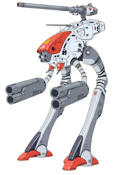 m9cha illustration.
This image is a digital drawing of a futuristic biped combat robot in a detailed, anime-inspired style.Its body is primarily white with a striking red and orange color scheme on the head, shoulders, and legs. The head features a sleek, angular design with a visor-like structure and a small, circular radar or sensor on the forehead. There is a cannon mounted over its head. The robot has two arms that acts as guns. <lora:macmecha1_cap_d6a3e11:1.0><lora:820698414380552858:0>