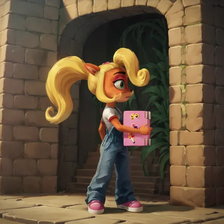 score_9.score_8_up,.score_7_up,masterpiece,realistic shadow,light detail,
<lora:Coco_Bandicoot:0.8>,
cocobandicoot, overalls, 1girl, shirt, green eyes, blonde hair,pink handbag