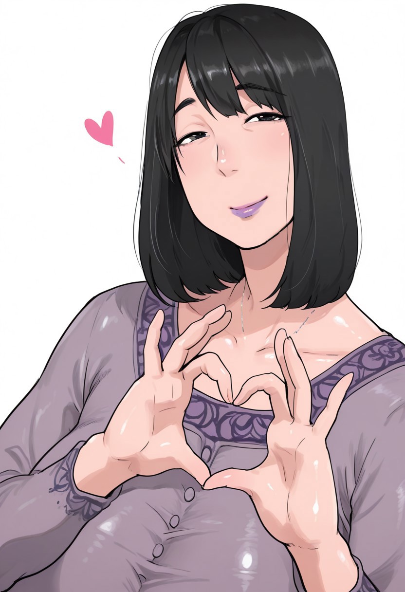 , 1girl, solo, medium build, medium hair, sfw, safe for work, covered skin, flowy dress,  black eyes, purple lipgloss, smiling, portrait, upper body, heart hands, mature female, foreshortening, detailed, newest, shiny skin, cowboy angle, solo focus,  pipo